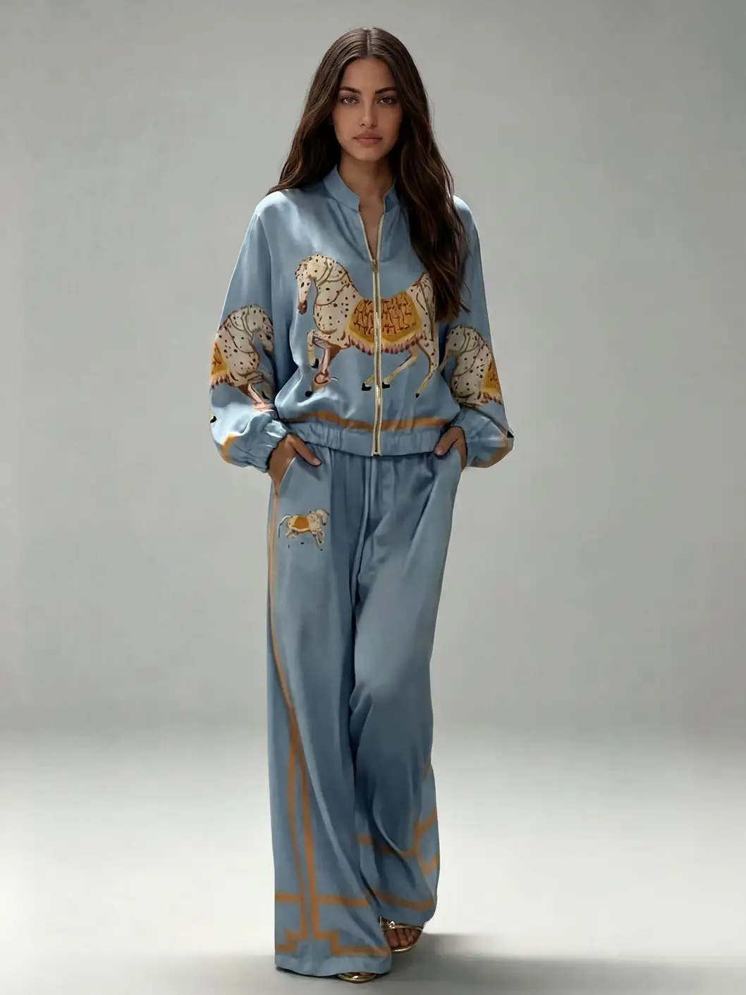 LikeMyChoice Women 2 Piece Matching Set Horse Print Zip‑Up Bomber Jacket & Wide Leg Pants Luxury Retro Track Suit Vacation Outfit