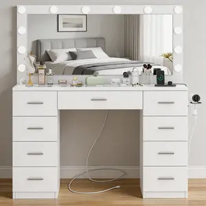 Vanity desk with Large Mirror and LED Lights, Vanity Table with 7 Drawers & Transparent Desktop, Makeup Vanity Desk with Charging Station for Women, Girls, 3 Lighting Color Adjustable, White summergarden