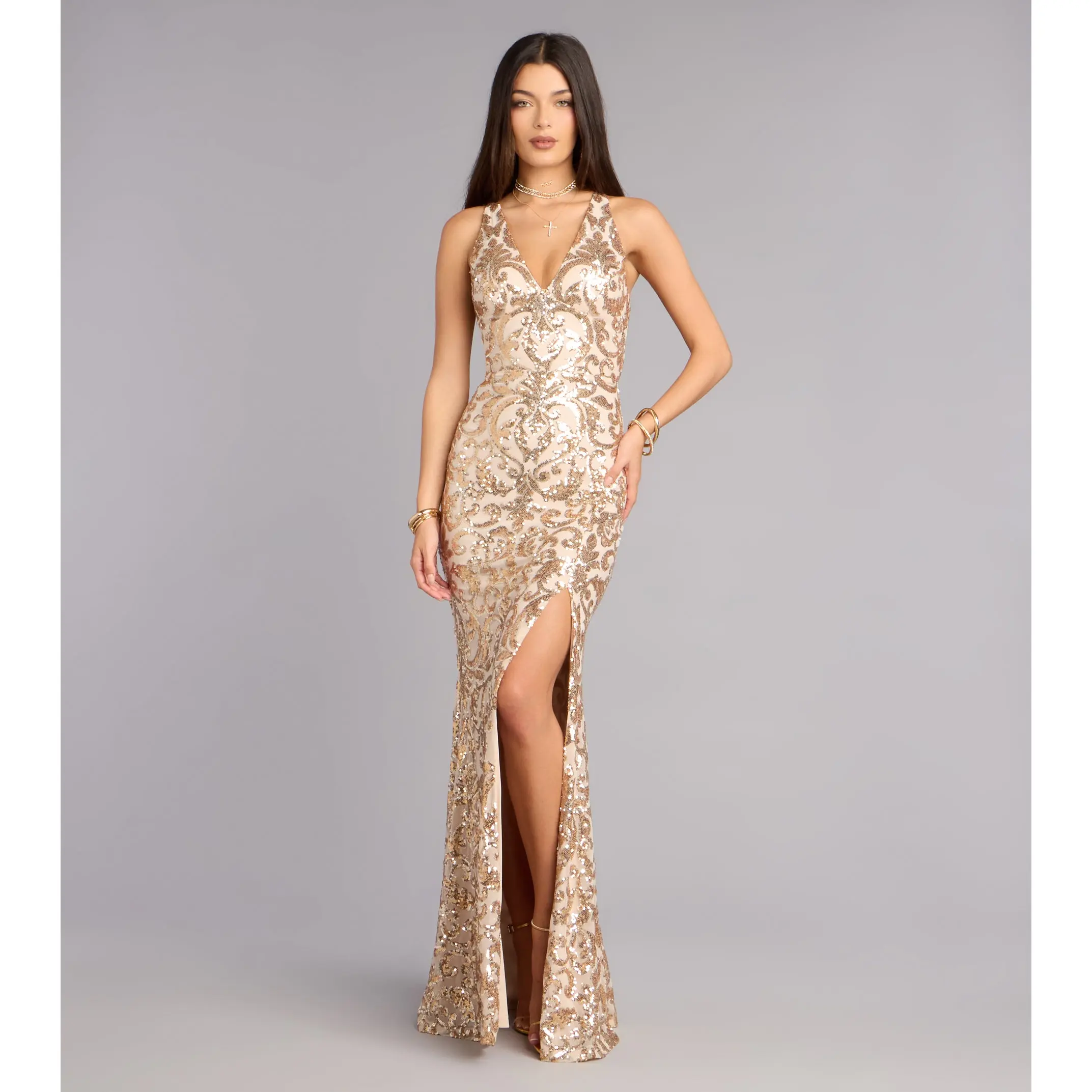 Emely Floral Sequin High Slit Mermaid Dress