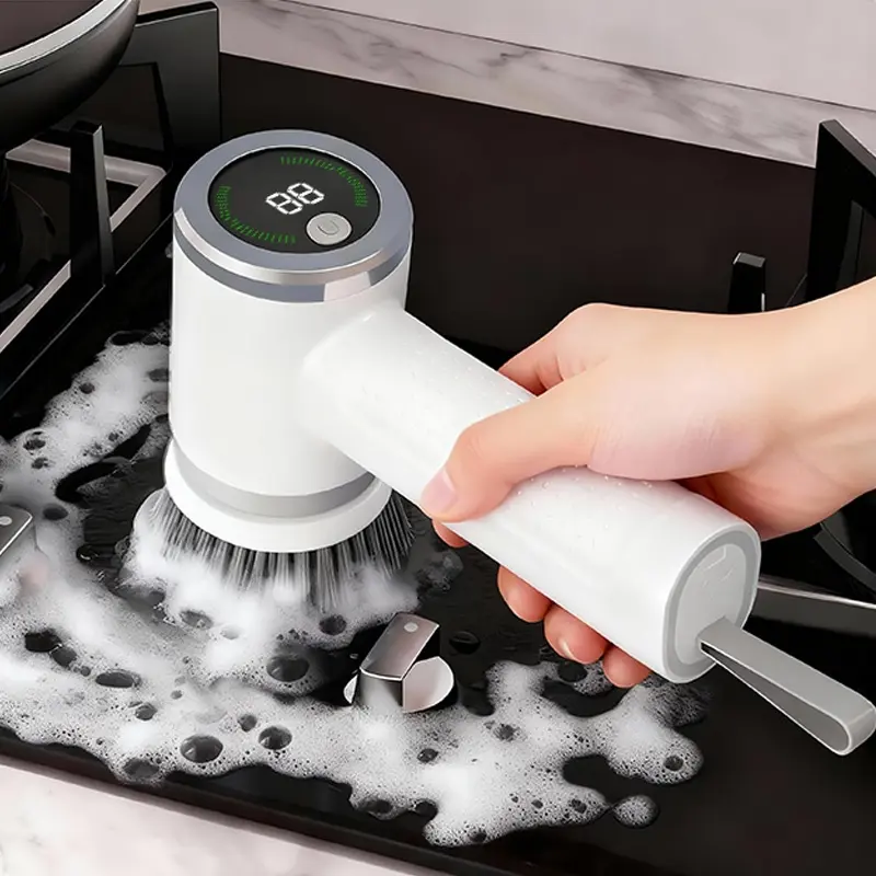 Electric Rotating Cordless Cleaning Brush, Cleaning Tool, Cordless Spin Scrubber, Power Scrubber, 2-Speed Electric Scrubbing Brush with 6 Replaceable Heads, Short Design for Easy Storage, Suitable for Kitchen, Bathroom, Floors, Tiles
