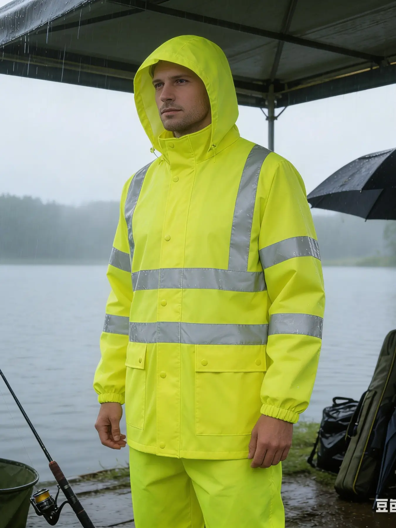 Men's High Visibility Reflective Raincoat Jacket, Waterproof Rainproof Breathable Workwear with Two Large Pockets, Ideal for Heavy Rain, Rainy Day, Rainy Season, Construction, Fishing, Traffic Control, Waterproof Clothes