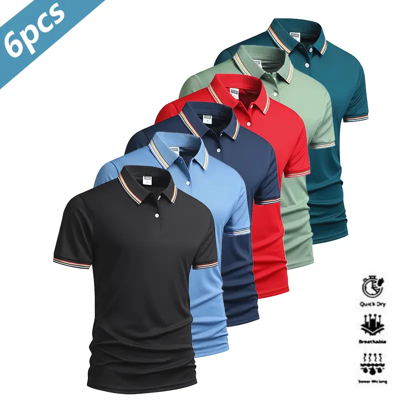 Men's 6-Piece Fitted Collared Polo Shirt Set - Quick-Dry Polyester Colorblock Short-Sleeve Tops, Lightweight Breathable Smart Casual/Sports Style Solid Color Sportswear for Golf/Tennis, Smart Casual Style