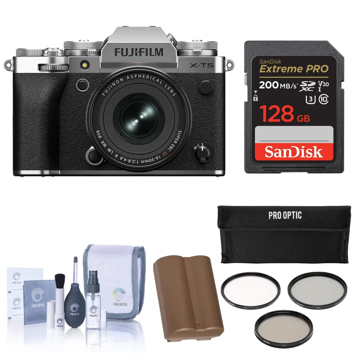 Fujifilm X-T5 Mirrorless Camera, Silver with XF 16-50mm f/2.8-4.8 R LM WR Lens, Bundle with 128GB Memory Card, NP-W235 Battery, Filter Kit, Cleaning Kit