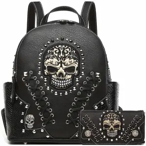 Sugar Skull Punk Art Studded Motorcycle Wallet Women's Fashion Backpack Python Backpack Crossbody Bag Wallet Set, Black Set, Ideal Christmas Gift