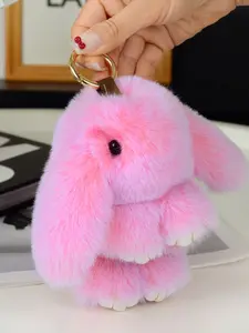Fluffy Bunny Bag Charm Pendants, Plush Fur & Gold-Tone Bag Chain Charms, Cute Kawaii Bag Decoration Keychain, Soft Girly Bag Pendant for Backpack Purse, Available in Pink/Gray/Peach/Blue, Ideal for Plush Lovers & Sweet Style Enthusiasts