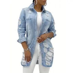 [LongSleeveDenimOutercoatJacket]OmmigWomen'sCasualLapelSlimLongSleeveDenimOutercoatJacketWindbreakerTopsBlueStyleCottonFabric