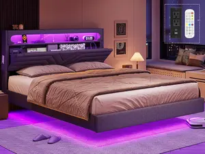 HAUOMS Full / Queen Floating Bed Frame with RGB LED Lights Headboard, USB-C/A Power Combo, Linen Upholstered Platform Bed with Storage Headboard, Innovative Stable Structure