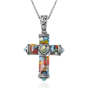 Stainless Steel Cross Necklace for Women 20" - Colorful Rainbow Murano Style Millefiori Glass Cross Chain for Men - Celtic Religious Christian Jewelry for Her Valentines Day Gifts