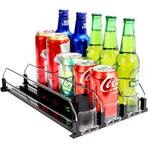 Self-Pushing Pre-Assembled 3 Rows Automatic Spring Loaded Soda Can Organizer Dispenser for Refrigerator Holds 15 Cans, Black