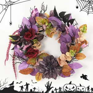 18 Inch Fall Halloween Front Door Wreath, Artificial Wreath decorated with Purple Red Roses, Perfect for Indoor Outdoor Wall, Window and Porch Decoration