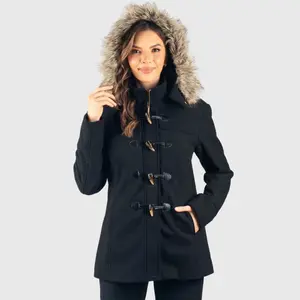 Alpine Swiss Duffy Womens Wool Blend Toggle Coat Removable Faux Fur Hood Classic Duffle Overcoat Warm Winter Jacket BLK XL