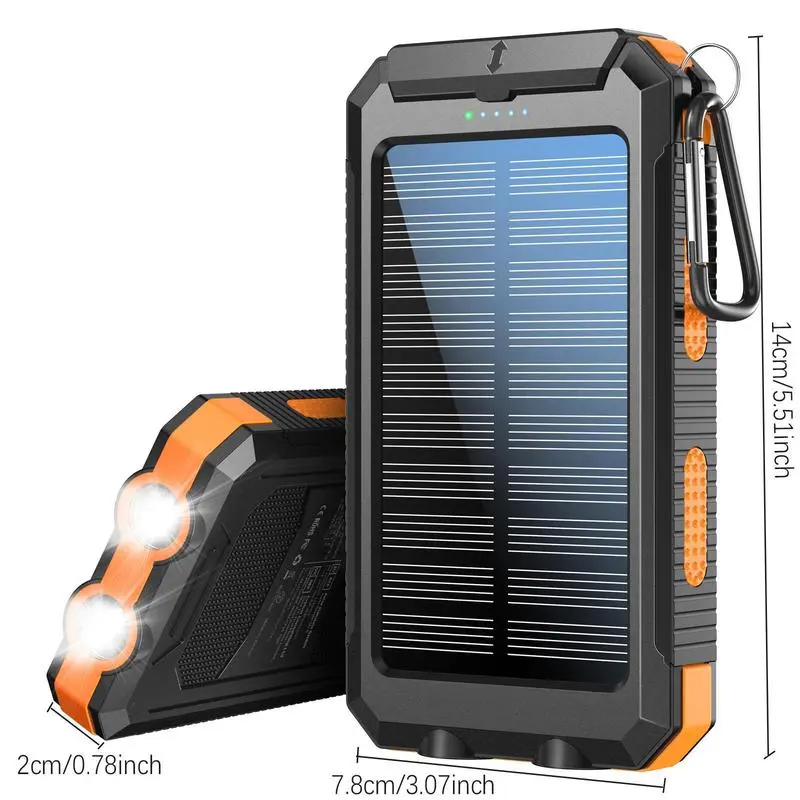 Outdoor Emergency Solar Charger 10000mAh Heavy Duty Rugged Power Bank, IP67 Waterproof Drop Resistant Solar Phone Battery Pack with 3 Lighting Modes Flashlight, SOS Distress Signal Light, Integrated Compass and Carabiner,