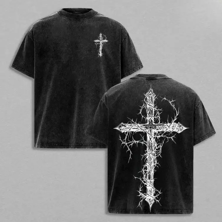 Men's Baggy Washed Cotton Short-Sleeve, Cross-Themed with Gothic Thorn Graphic, Christian Clothing for Casual Streetwear, Round Neck, Tops, Washed Finish, Loose-Fit