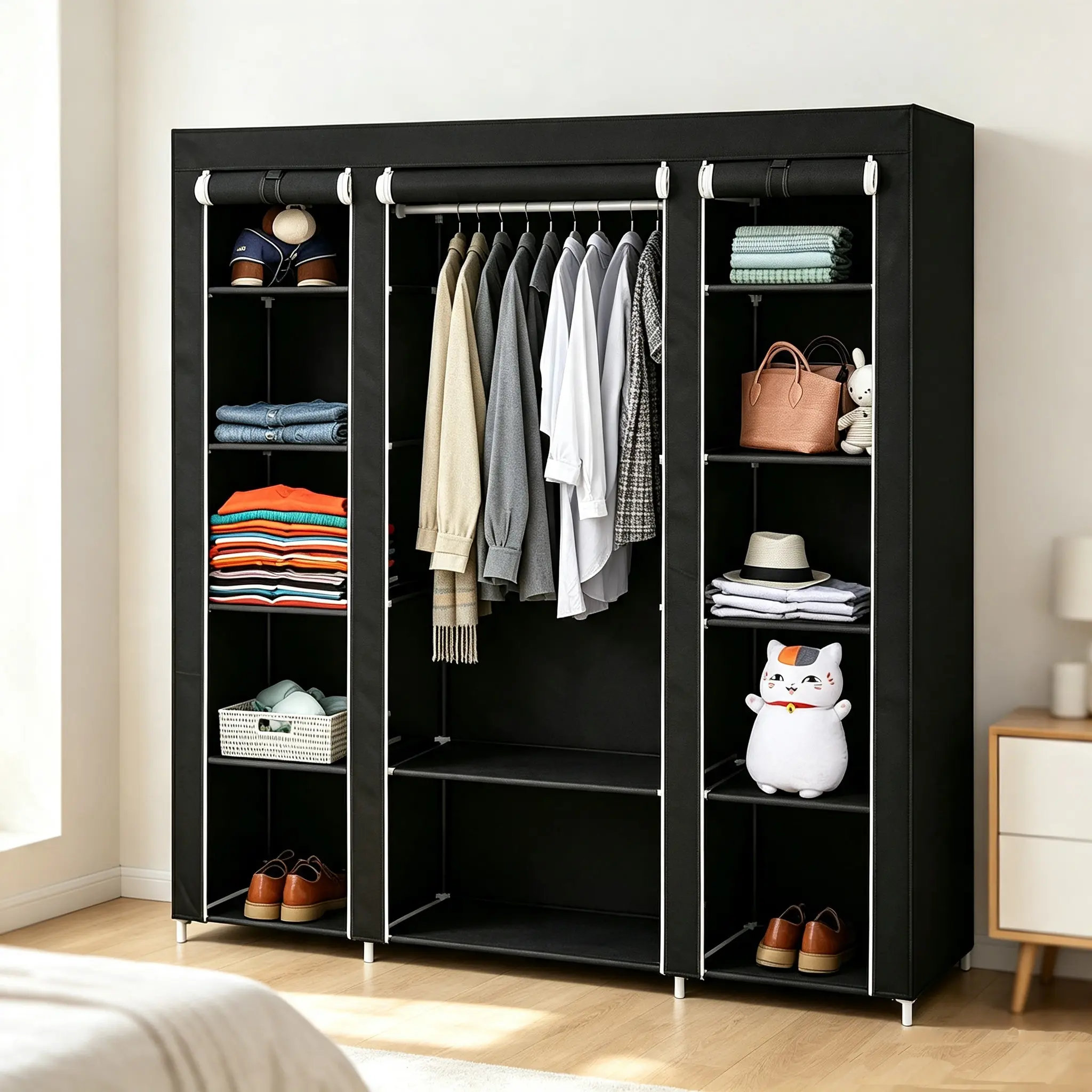 69" Portable Non-Woven Fabric Clothes Closet Wardrobe Storage Organizer, Quick & Easy to Assemble, Extra Strong & Durable, Black (Bedroom Furniture Set)