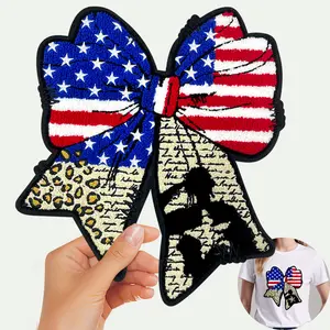 CY American Flag Bow Chenille Patch Fashion Western Cowboy Leopard Iron On Embroidered Applique for Patriotic DIY Clothing Outfit Jackets Backpacks
