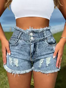 Spring Summer New Light Wash Washed Blue Elastic Ripped Denim Shorts for Women, Street Style Casual Beach Vacation Wear, Slim-Fitting Button Fly Design