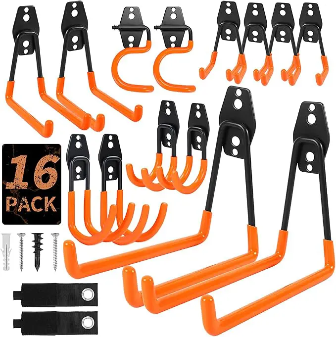 Garage Hooks 16 Pack, Wall Mount Utility Hooks for Hanging Tools and Ladders, Garage Storage and Organization, Home Storage Hooks