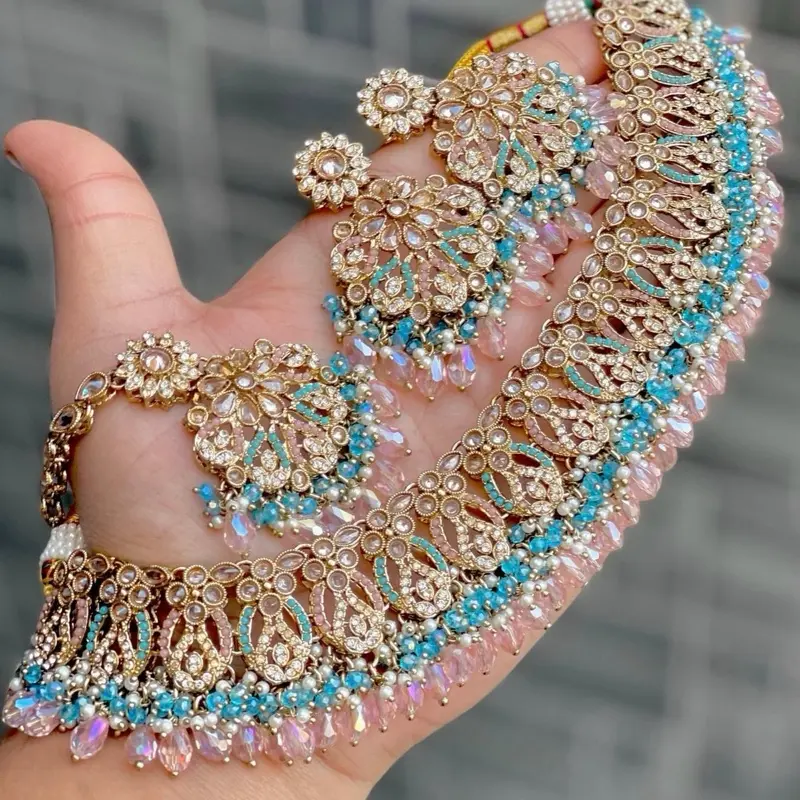Pakistani Multi-Color Necklace Set with Ad Stone Work, Tikka, and Polki Earrings