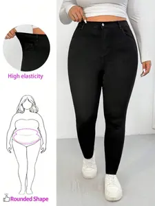 Elastic High-Waisted PU Jean Long Pants, Elegant Slim-Fitting Jeans for All Seasons, Solid Pattern, Perfect for Daily Wear Womenswear Bottom