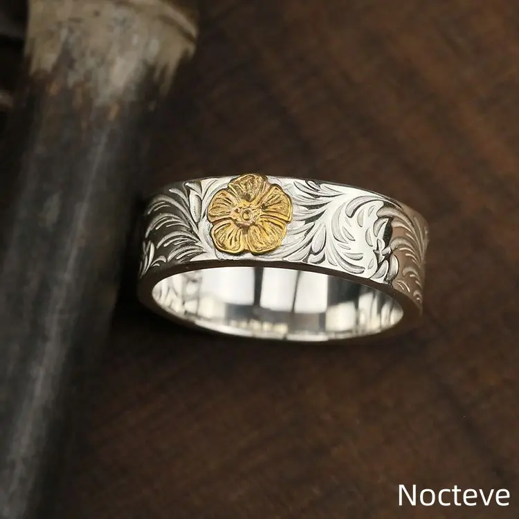 Men’s Hand Chiseled Tang Grass Flat Band Brass Ring, Vintage Antique Thai Silver Gold-Tone Rose Daily Stackable Finger Jewelry