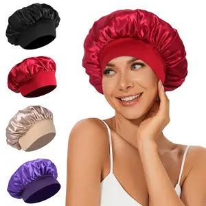 4Pcs  Bonnet  Bonnet, Hair Bonnet for Sleeping, Elastic Wide Band  Sleep Cap, Soft and Breathable (Black Red Purple Gold) satin silk