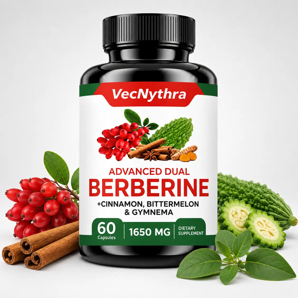 VecNythra Berberine Complex 1650mg with Ceylon Cinnamon, Bitter Melon, Gymnema & Milk Thistle, 60 Capsules, Multi-Ingredient Dietary Supplement, 1 Bottle / 2 Bottle Options