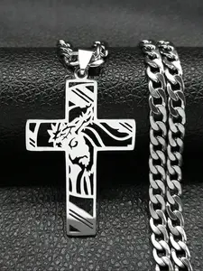 Men's Stainless Steel Cross Pendant Necklace & Cuban Chain Necklace, Fashion Jewelry for Party, Daily Clothing Decor, Trendy All-match & Exquisite Jewelry for Birthday Gift, Cross Chain Design, Metal Chain Necklace, Cross Necklaces
