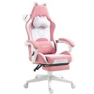 Dowinx Gaming Chair Cute with Cat Ears and Massage Lumbar Support, Ergonomic Computer Chair for Girl with Footrest and Headrest, Comfortable Reclining Game Chair 290lbs for Adult, Teen, Three Colors