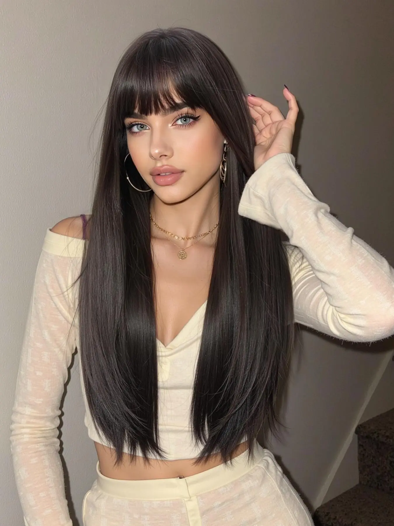24 Inch Long Straight Wigs for Women, Gorgeous Fluffy Wigs with Bangs, Synthetic Hair Wigs, Synthetic Full Machine Wigs for Party, Daily Use, Daily Wear Wig, Fashion Fluffy Wigs, Natural Looking Wig