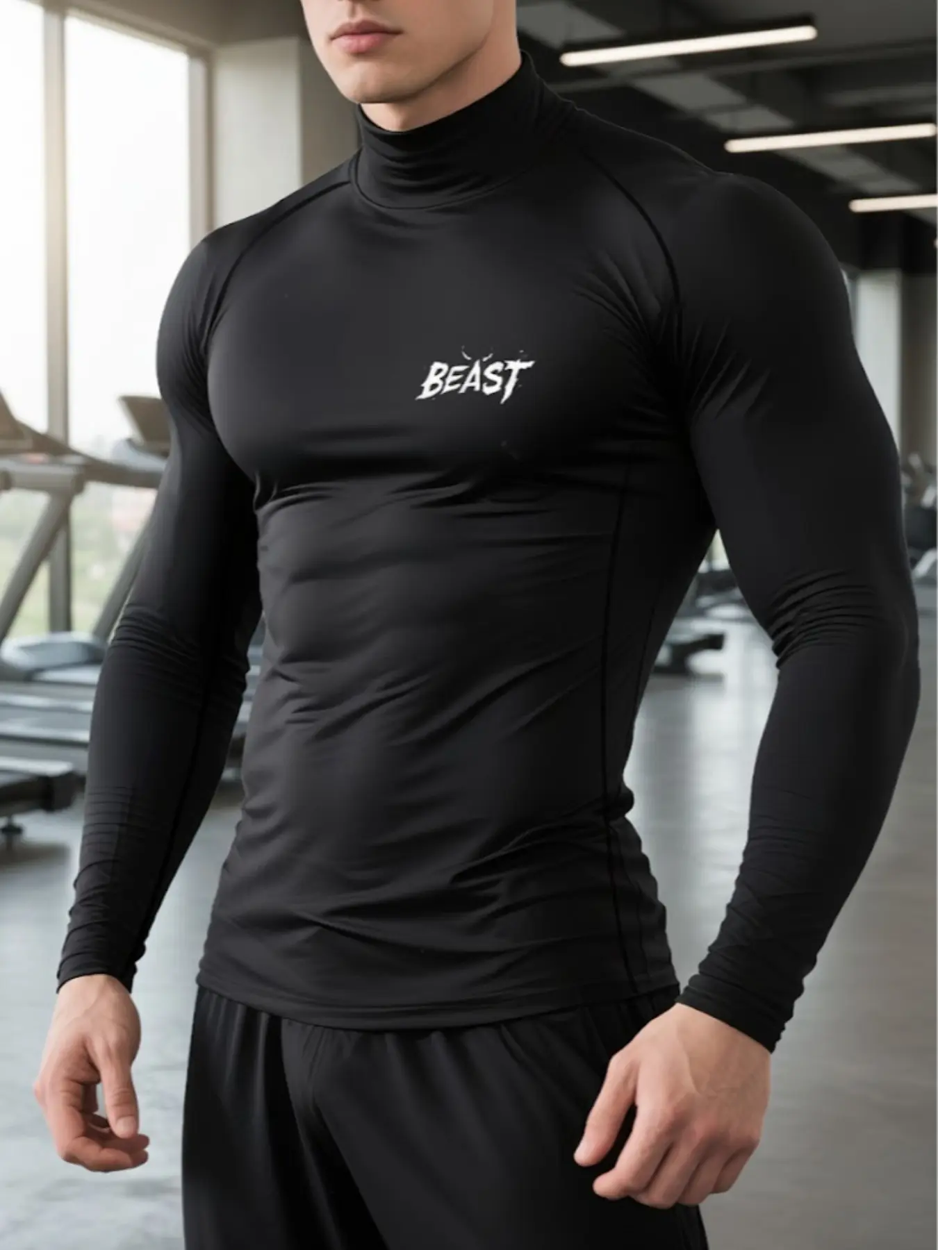 Men's Quick-Dry Compression Fitness T-Shirt, Athletic Compression Shirts, Beast Print Design, High Neck Long Sleeve Tight Fit, Moisture-Wicking Elastic Fabric, Gym Workout Tee, Athletic Tops