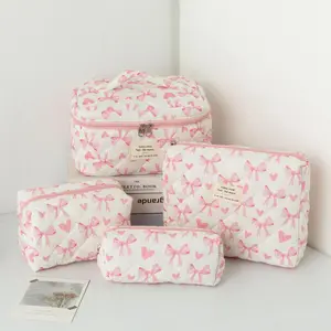 Heart & Bow Pattern Makeup Bag Set, 4pcs/set Large Capacity Travel Cosmetic Storage Bag, Zipper Makeup Organizer Pouch, Versatile Storage Bag for Travel, Office, Home, Travel Makeup Bags Organizers
