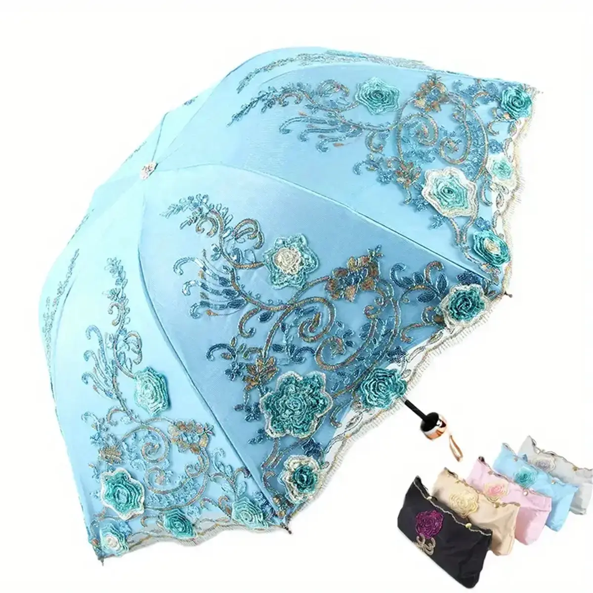Lace Princess Lolita Foldable Parasol UPF50+ Full UV Protection Lightweight Portable Dual Purpose Sun Rain Umbrella Elegant Decor Accessory For Outdoor Wedding Photoshoot Garden Party Summer Vacation