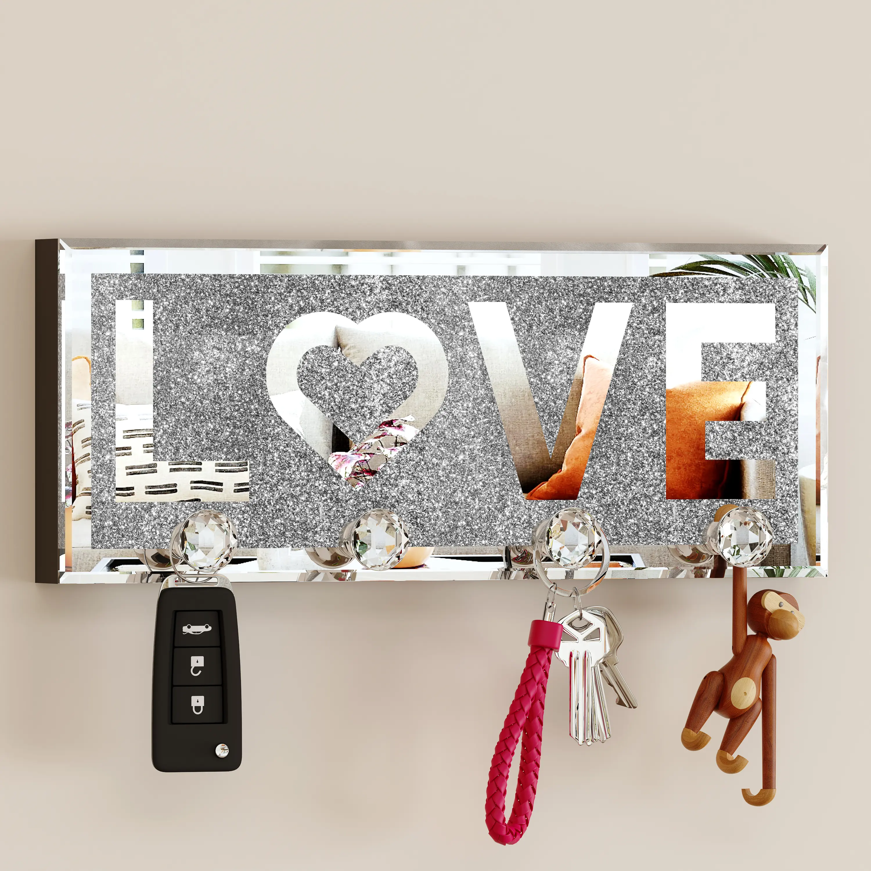 SHYFOY Mirrored Wall Key Organizer with Letter Plaque & Mirror Frame, Luxurious Wall Decor Space-Saver Hook, Contemporary Home Supplies for Entryway (Thank You Themed)