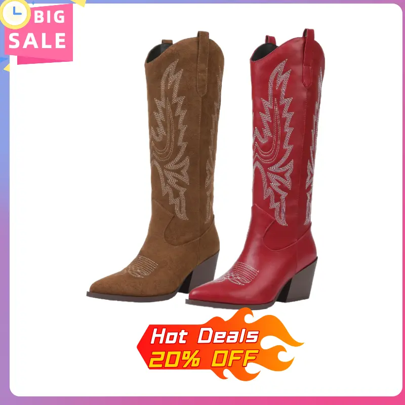 Women's Vintage Western Style Cowgirl Boots - Distressed Leather High-Shaft Tall Footwear with Embroidery, Cowboy Aesthetic, Geometric Print Shoe