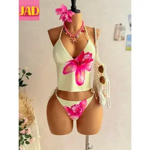 Women's Floral Print Thong 2-Piece Bikini Set - Elegant Halter Tie Bathing Suit, Sports & Outdoor Beach Outfits for Beach, Poolside Use