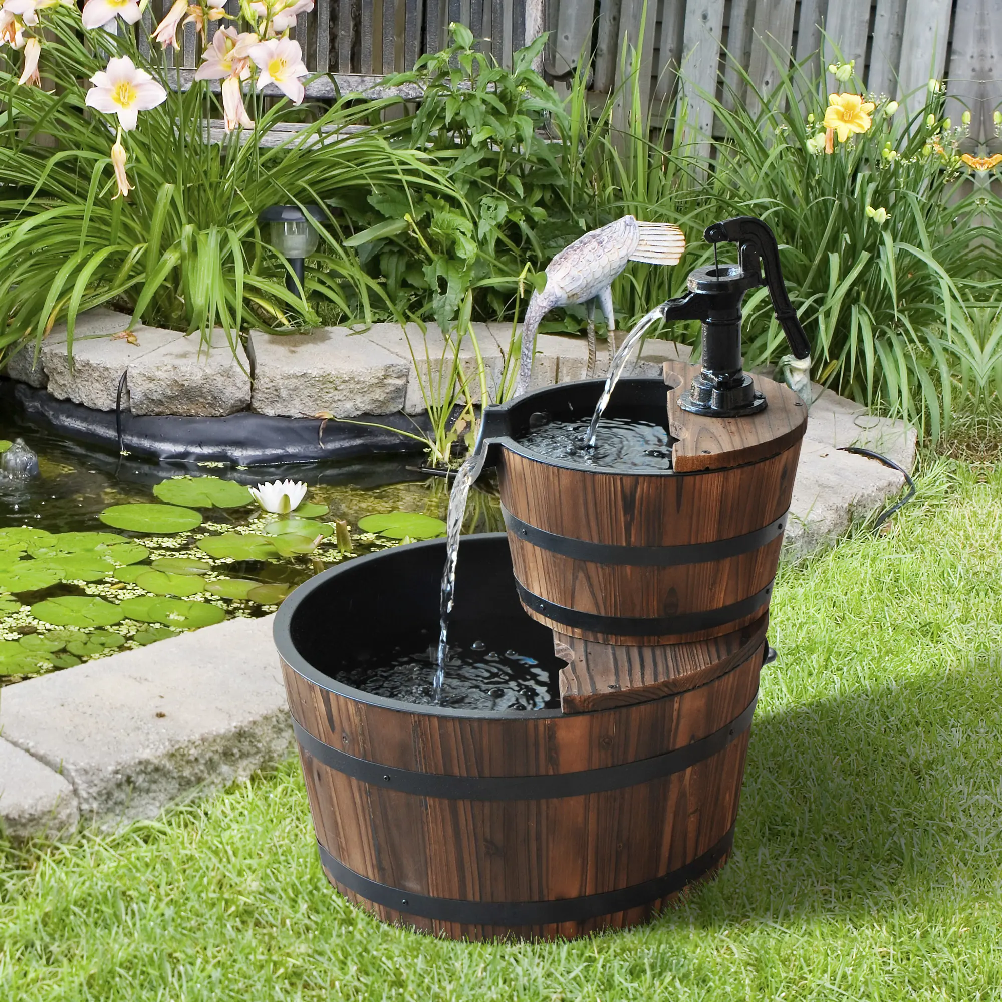 Wooden Double-Tier Garden Fountain with Electric Pump 17.5"L x 17.5"W x 23"H for Backyard Patio Lawn Decor Classic Faucet Solid Fir Wood Construction