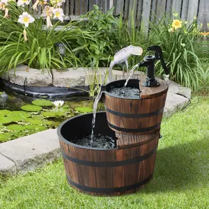 Wooden Double-Tier Garden Fountain with Electric Pump 17.5"L x 17.5"W x 23"H for Backyard Patio Lawn Decor Classic Faucet Solid Fir Wood Construction