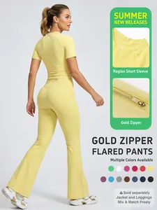 Uncia Active Women's 2-Piece Sports Sweat Suit - Raglan Short Sleeve Yoga Top & Gold-Color Zipper Flared Pants, High-Stretch Moisture-Wicking Skin-Friendly Outfit for Daily Exercise