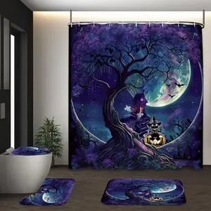 1/4pcs Moon and Witch's Cottage Themed Shower Curtain Set, Bathroom Decoration Accessories, includes non-slip mat, U-shaped rug, and toilet seat cover, perfect for bathroom décor, partitioning, comes with 12 shower curtain hooks