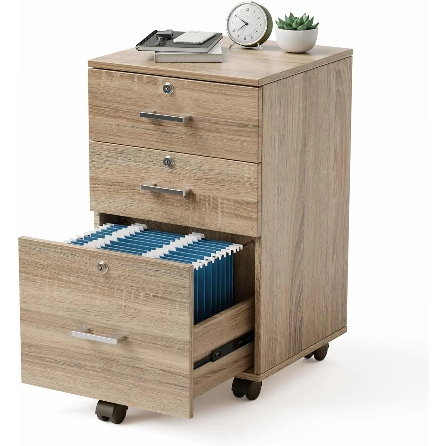 VINGLI Wood Rolling File Cabinet with Lock, Under Desk File Cabinet for Home Office, Mobile Printer Stand, Oak, 26" H