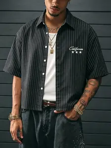Men's Casual Plaid Shirt, Short Sleeve Loose-Fitting H-Type, California Streetwear Fashion Style, Fine Striped Button-Up Top