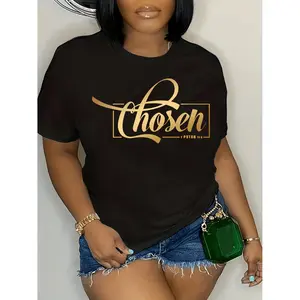 "Chosen" Graphic T-Shirt - Casual Black with Golden Cursive Print, Short Sleeve, Crew Neck, Soft, Relaxed Fit, Ideal for Spring & Summer