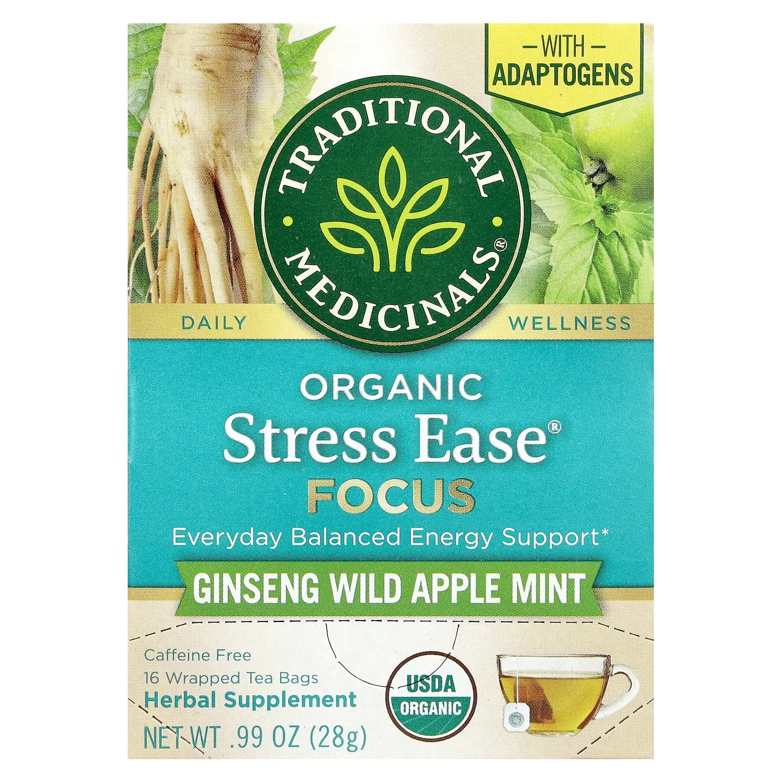 Traditional Medicinals Organic Stress Ease® Focus, Ginseng Wild Apple Mint, Caffeine Free, 16 Wrapped Tea Bags, 0.99 oz (28 g)