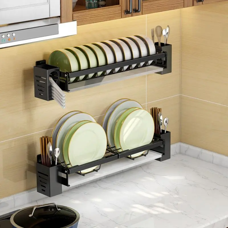 Stainless Steel Dish Drying Rack, 1 Count Wall Mounted Dish Drainer with 2 Cutlery Holders, Kitchen Storage Rack, Durable Home Kitchen Organizer