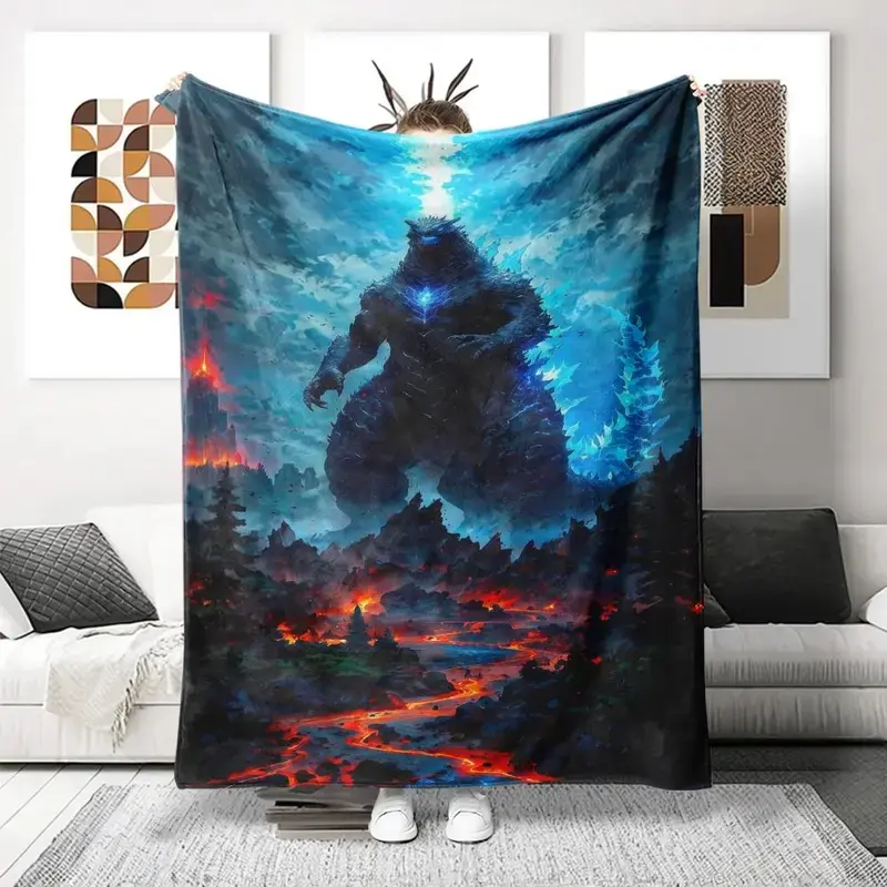Godzilla Theme Flannel Polyester Throw Blanket 60*80IN Multi Size Option Wrinkle Resistant Extra Soft Skin Friendly Breathable Cozy Bold Graphic Bedding Indoor Outdoor Camping All Seasons Office Gift Men Air Conditioning Summer Dorm Couch