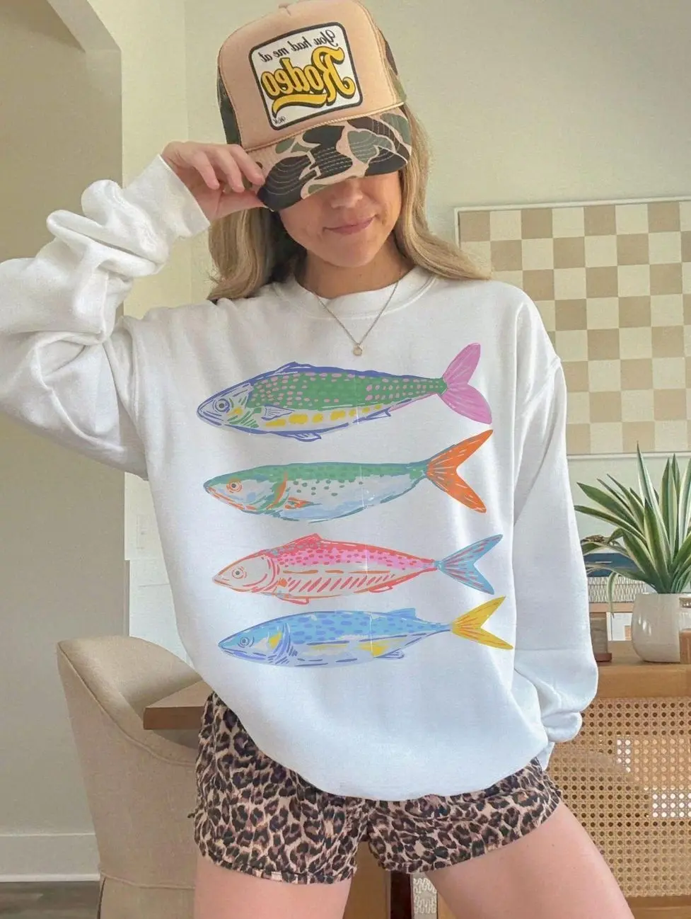 Coastal Fish Graphic Sweatshirt Vintage Fisherman Aesthetic Retro Beach Crewneck Neon Yellow Oversized Trendy Summer Nautical Pullover Gift