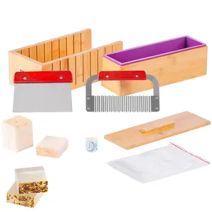 All-In-One Soap Making Kit With Bamboo Storage Box, Inner Box, Silicone Mold, Stainless Steel Straight Cutter And Wavy Cutter, 100 Bags, 105 Stickers, DIY Soap Making Supplies For Adults, Beginner Friendly Gift