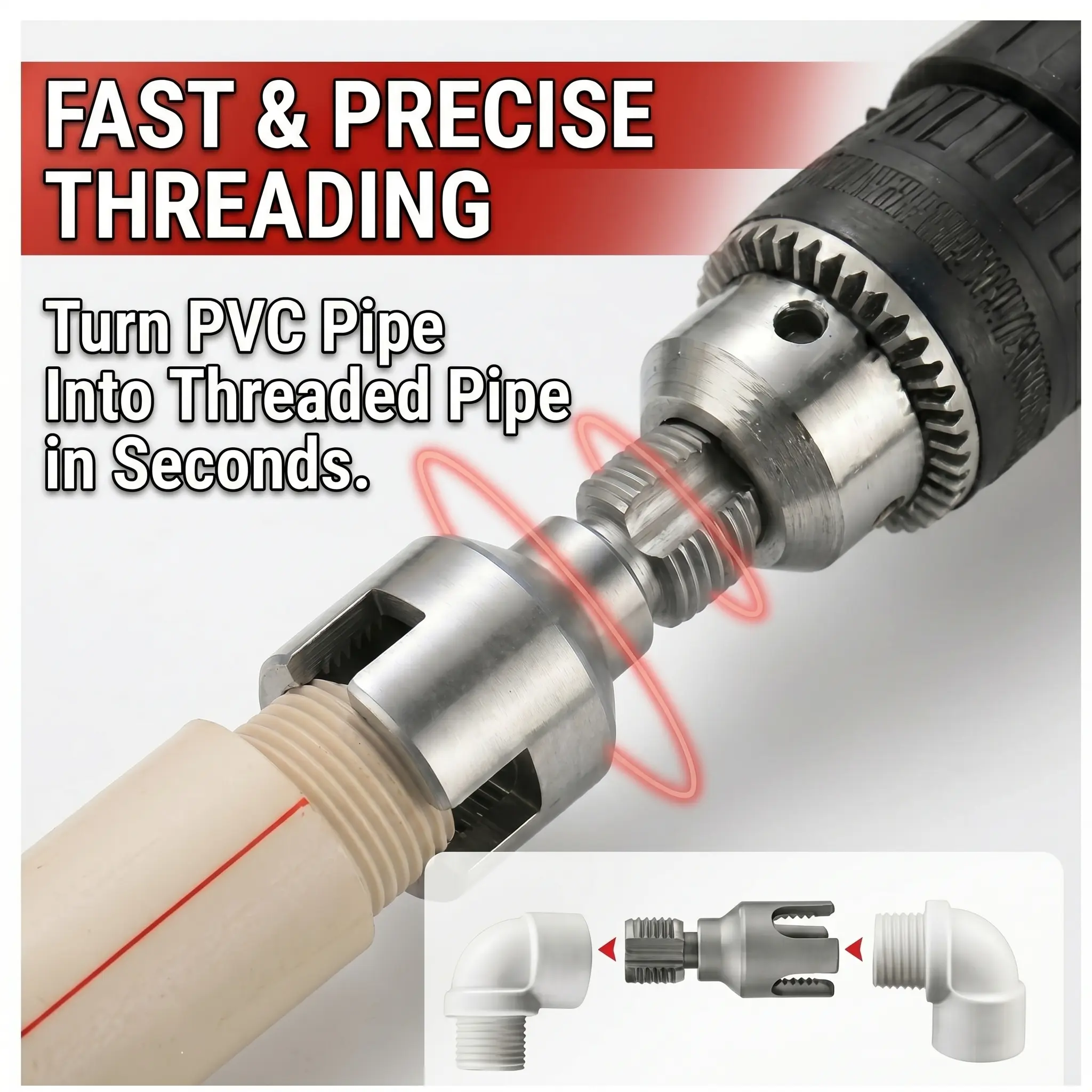 Drill-Powered PVC Pipe Threader Kit, 1/2"-1" Sizes, External Thread Maker for PVC/PPR/Plastic Pipes, Home Plumbing Tool for Faster Thread Cuts