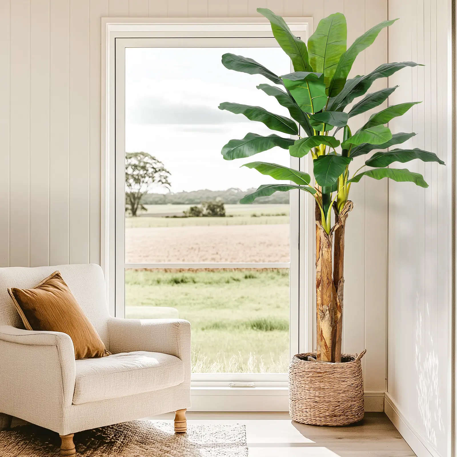 Artificial Banana Tree, Fake Banana Tree w/ Large Leaves, three Stalks, Natural Bark, Free Maintenance for Living Room Office Decor Decorative Fruit Plant Pot Centerpiece Decoration