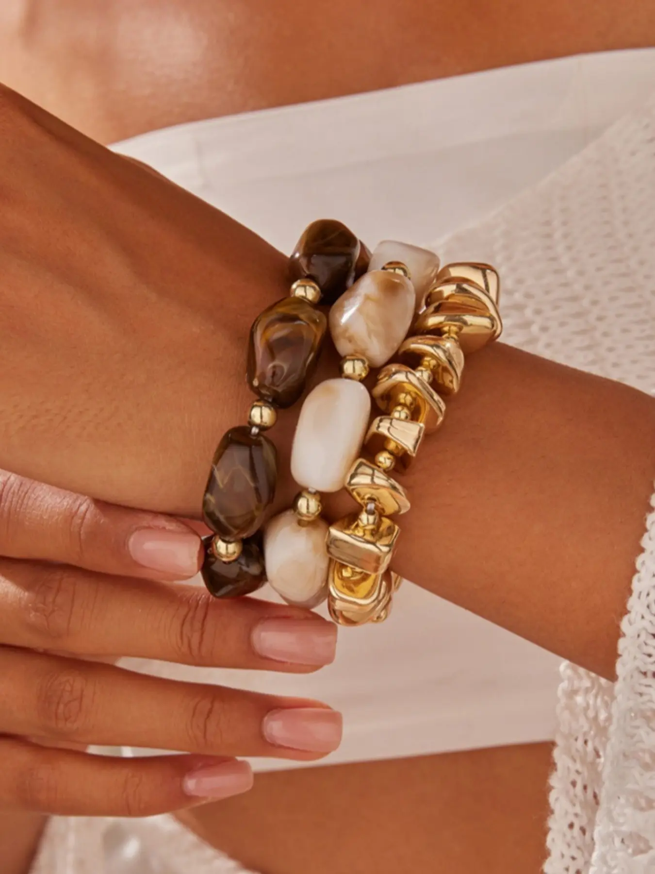 3pcs/Set Vintage Resin Beaded Bracelets, Handmade Colorblock Design, Stackable Casual Fashion Jewelry for Women, Beaded Bracelet Sets